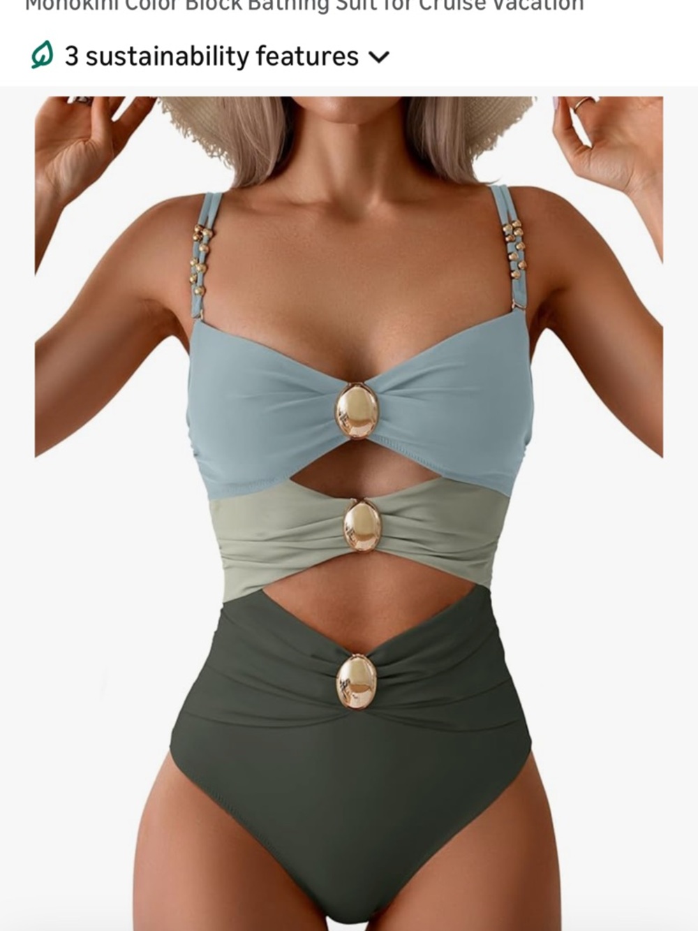 Women One-Piece Swimsuit in Light Blue, Sage, and Olive with Gold Accents NWOT